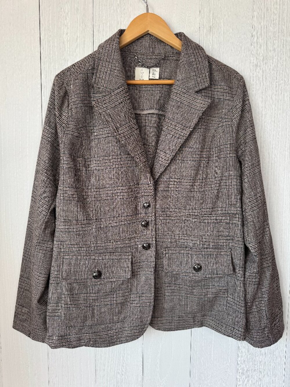 Joie Gray Brown Plaid Blazer Jacket Size XL Glen Check Business Casual